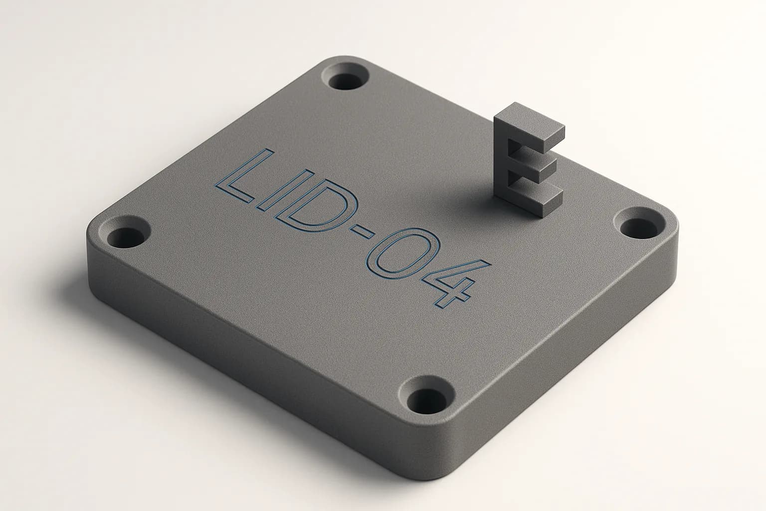 A matte grey enclosure lid with LID-04 engraved into its top and traced in blue sketch ink, one capital E standing off the surface as an extruded solid