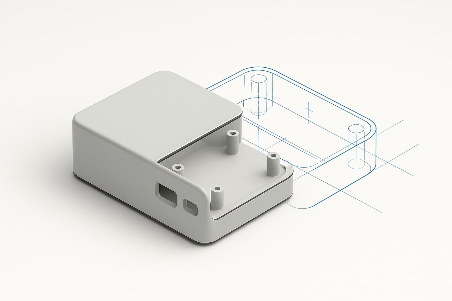 Matte grey electronics enclosure with standoffs and port cutouts, half finished solid, half blue parametric sketch lines