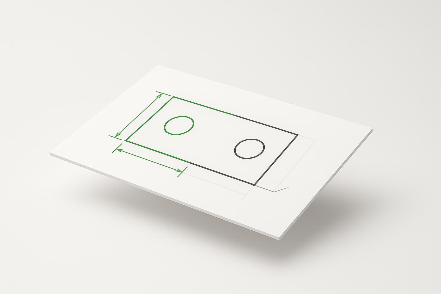 Sketch of a rectangle with two holes — the left side locked in green ink with dimension arrows, the right side still loose charcoal ink