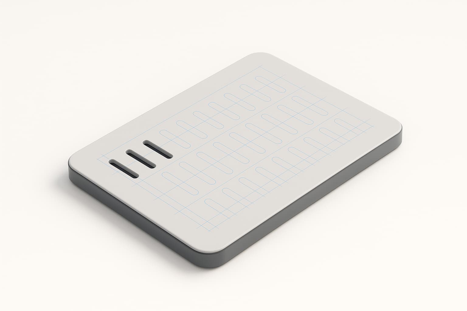 Matte grey plate with a grid of vent slots — the first three cut through, the rest still blue ghost outlines on construction lines