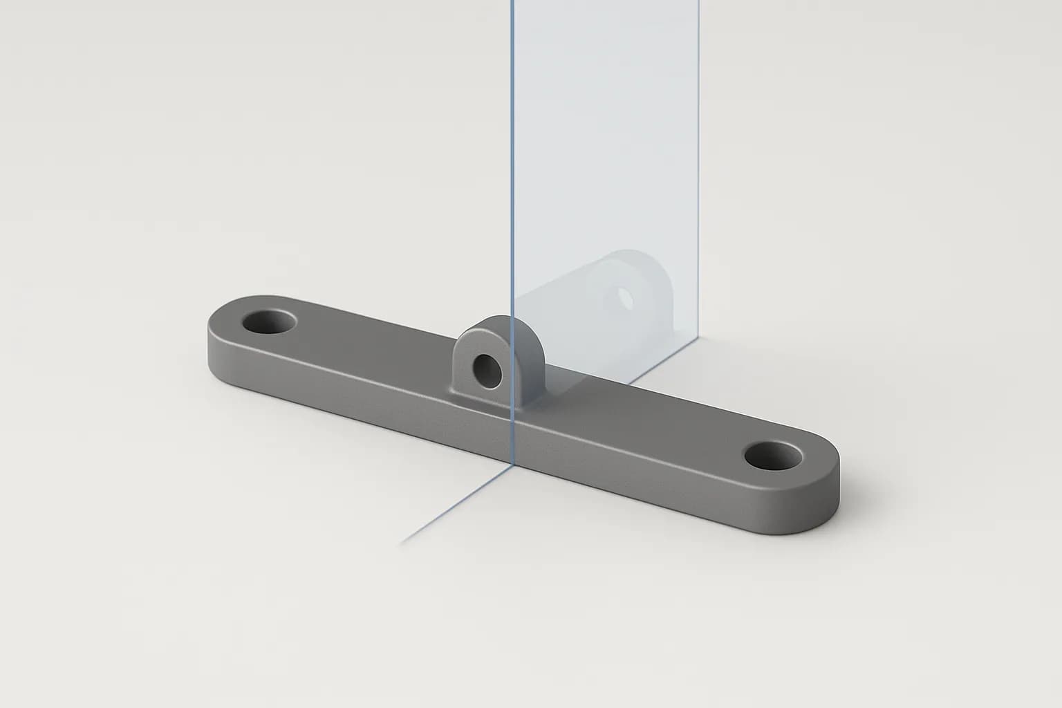 A matte grey bracket, one half modelled with a rounded boss and a bolt hole, its reflection landing across a translucent blue plane through the middle
