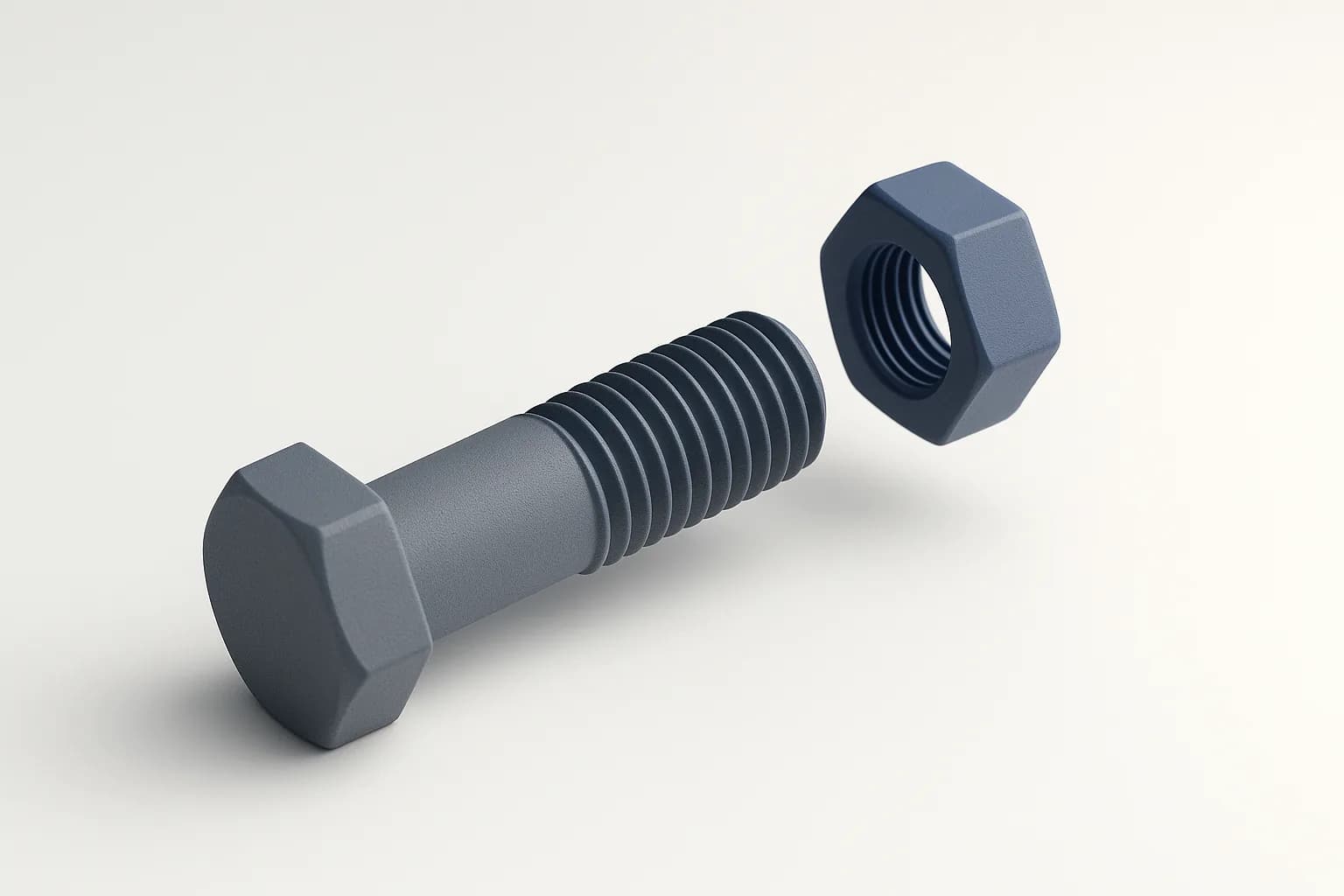 Matte grey bolt threaded halfway along its shank, its blue nut floating just off the end, the helical groove catching the light