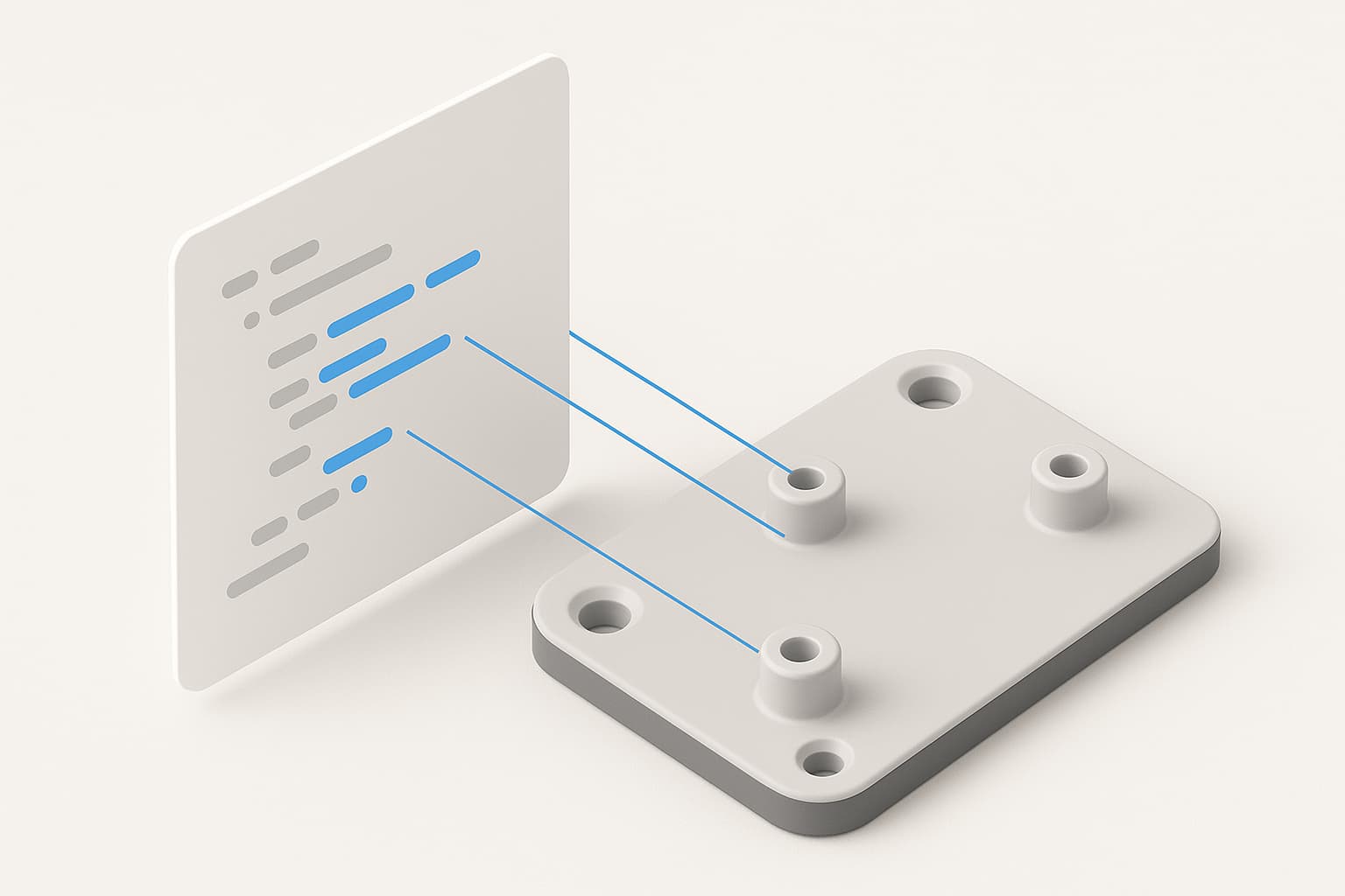 Abstract script sheet with grey and blue code lines, leader lines connecting them to the bosses of the mounting plate they build